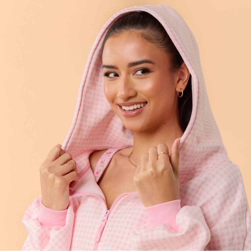 NWT Blogilates Marshmallow Full Zip Hooded Sweatshirt-Pink Gingham Size M - Picture 4 of 9